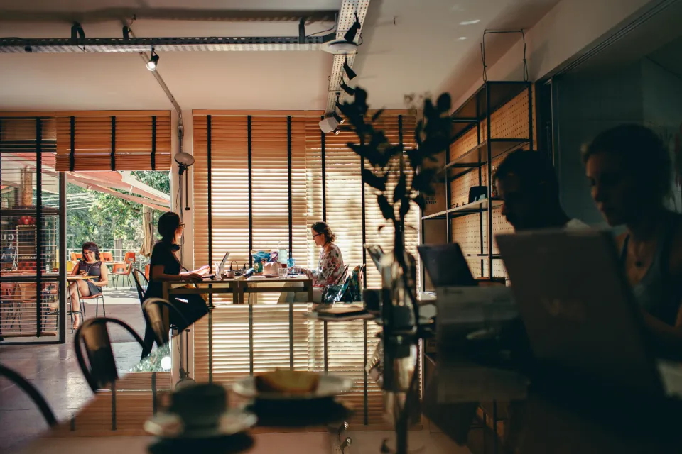 Open-plan office with timber shelving, plants and people working (stock photograph)